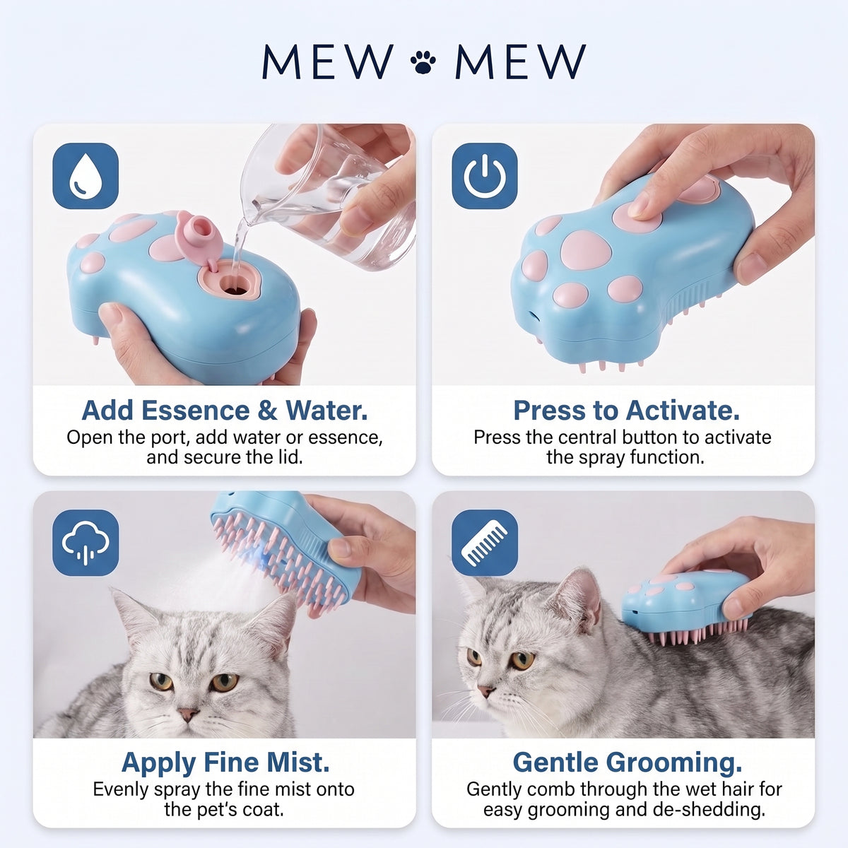 The Steam Brush releasing a fine mist while brushing a cat's coat
