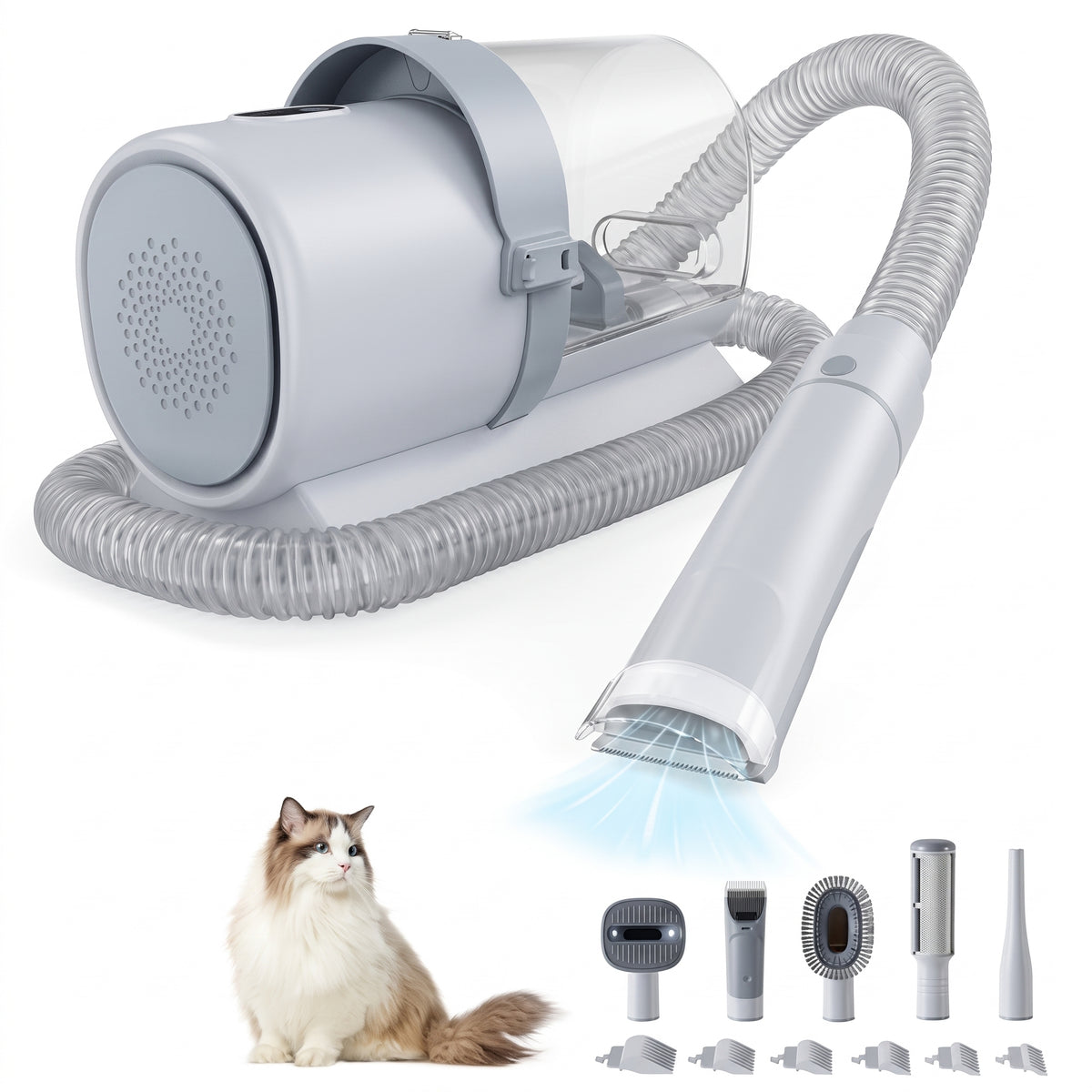 The five attachment heads of the Shed Vacuum: deshedding brush, clipper, nail grinder, crevice nozzle and cleaning brush