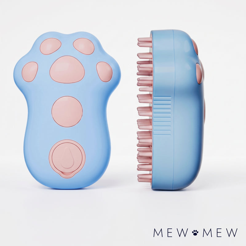 The Steam Brush, a paw-shaped misting cat brush with a water tank in the handle