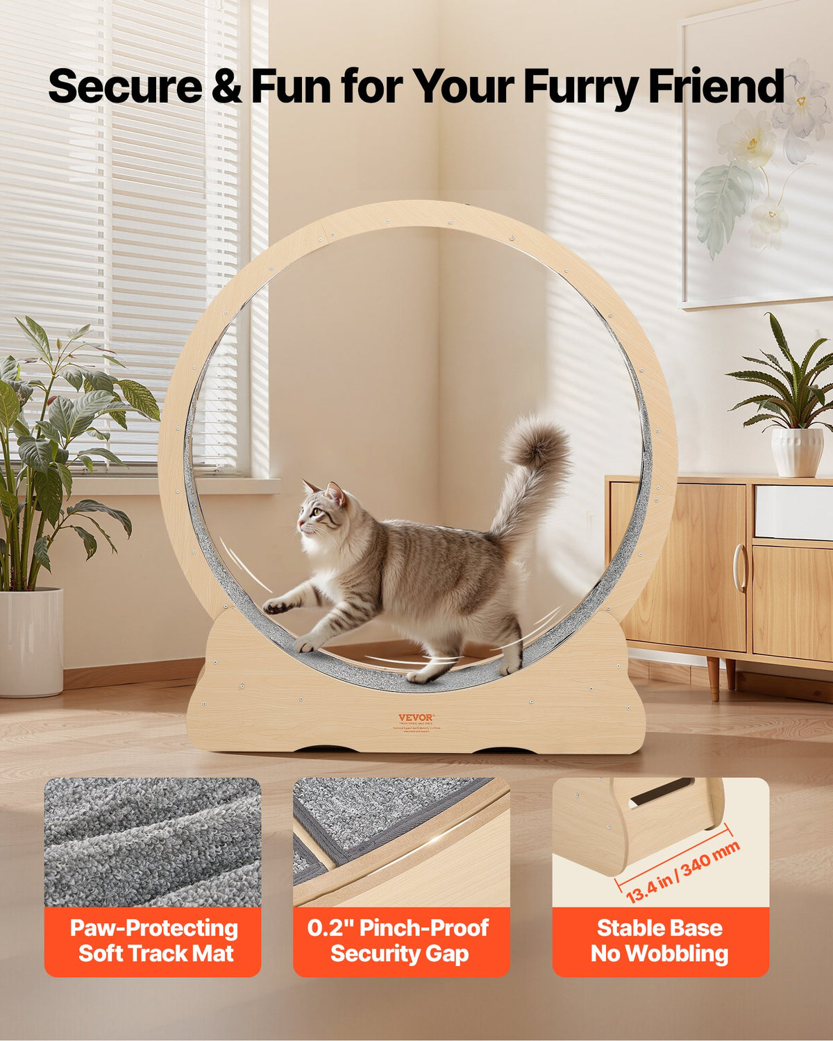 Side view of the 48 inch cat wheel showing the wide base and near-silent rollers